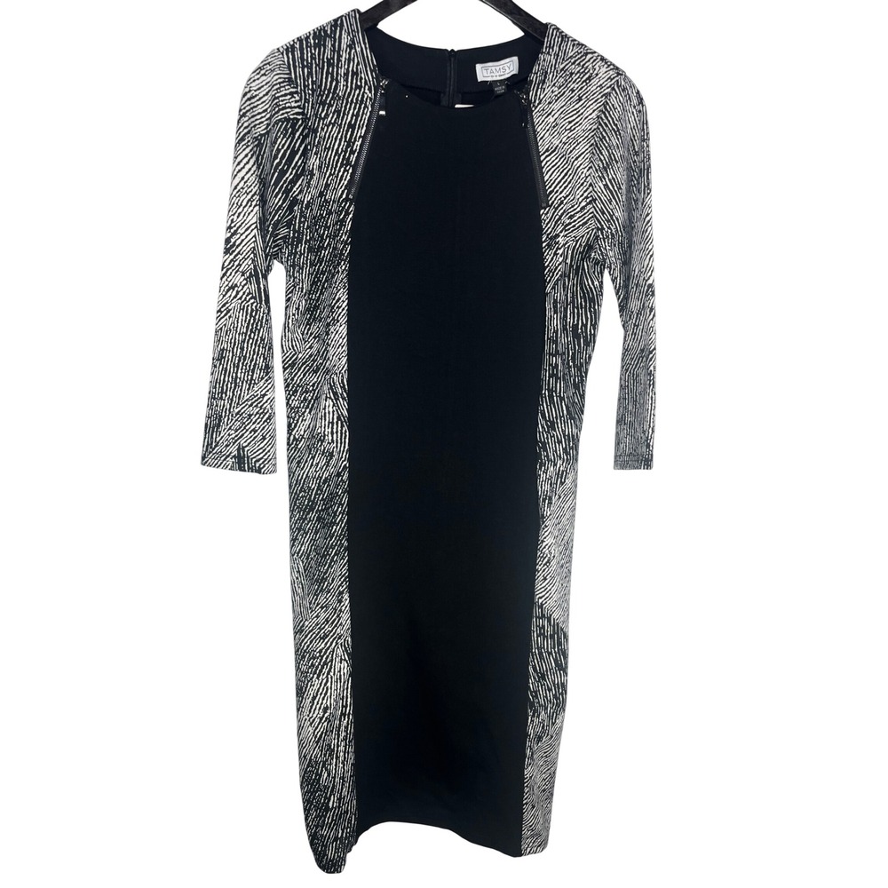 Tamsy Sheath Bodycon Dress L Black White Optical Illusion NWT Stretch